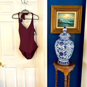 NWT Women’s Spanx Swim Mulberry Pique Shaping Halter One Piece Swimsuit Size S